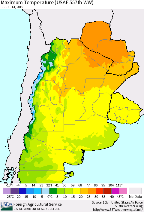 Southern South America Mean Maximum Temperature (USAF 557th WW) Thematic Map For 7/8/2019 - 7/14/2019