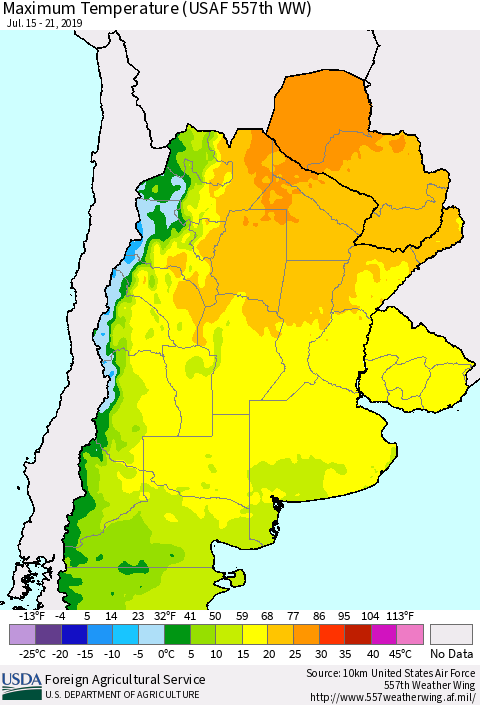 Southern South America Mean Maximum Temperature (USAF 557th WW) Thematic Map For 7/15/2019 - 7/21/2019
