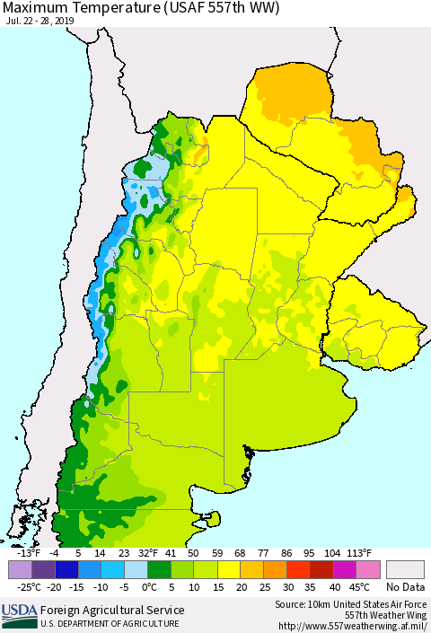 Southern South America Mean Maximum Temperature (USAF 557th WW) Thematic Map For 7/22/2019 - 7/28/2019