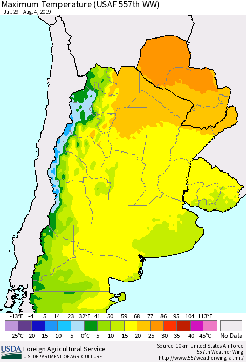 Southern South America Mean Maximum Temperature (USAF 557th WW) Thematic Map For 7/29/2019 - 8/4/2019