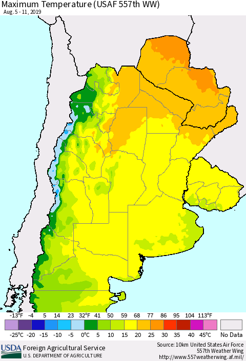 Southern South America Mean Maximum Temperature (USAF 557th WW) Thematic Map For 8/5/2019 - 8/11/2019