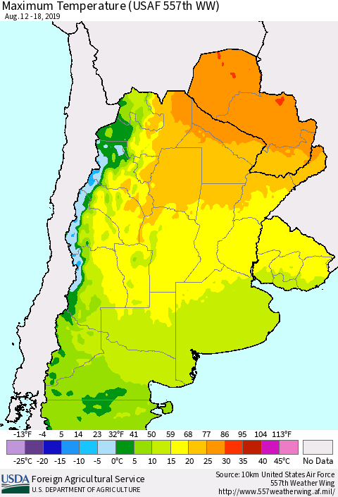 Southern South America Mean Maximum Temperature (USAF 557th WW) Thematic Map For 8/12/2019 - 8/18/2019