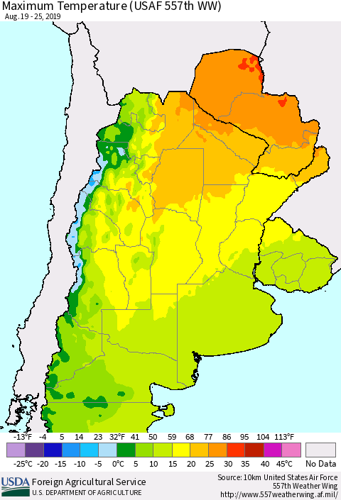Southern South America Mean Maximum Temperature (USAF 557th WW) Thematic Map For 8/19/2019 - 8/25/2019
