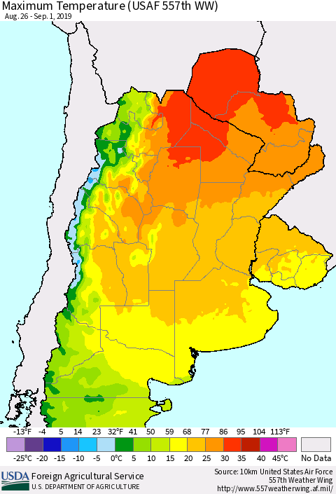 Southern South America Mean Maximum Temperature (USAF 557th WW) Thematic Map For 8/26/2019 - 9/1/2019