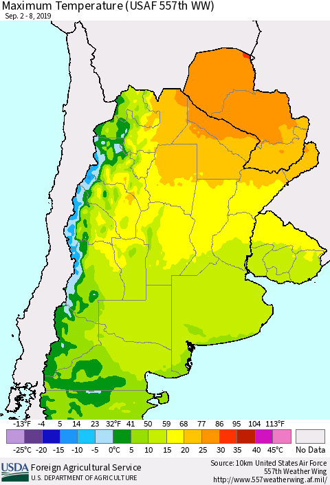 Southern South America Mean Maximum Temperature (USAF 557th WW) Thematic Map For 9/2/2019 - 9/8/2019
