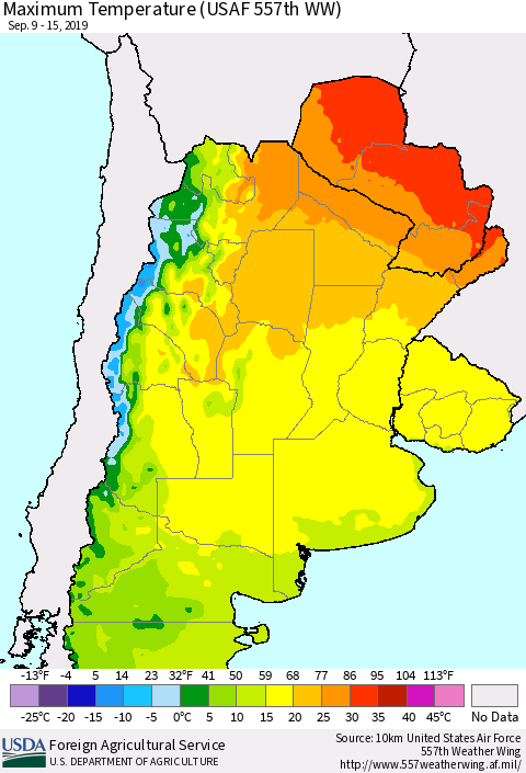 Southern South America Mean Maximum Temperature (USAF 557th WW) Thematic Map For 9/9/2019 - 9/15/2019