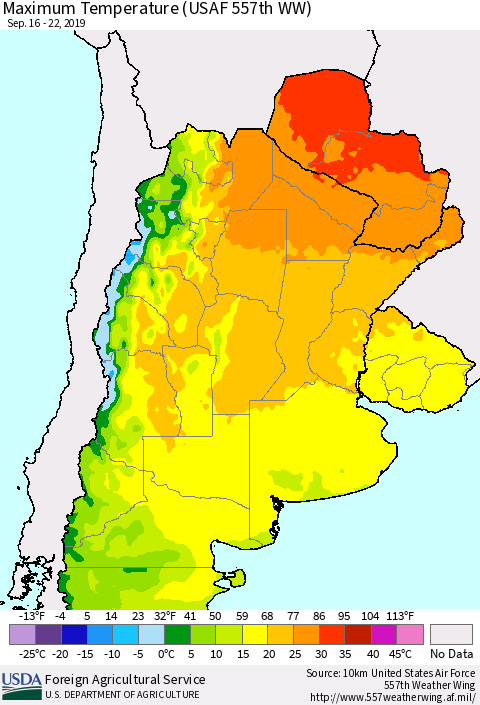 Southern South America Mean Maximum Temperature (USAF 557th WW) Thematic Map For 9/16/2019 - 9/22/2019