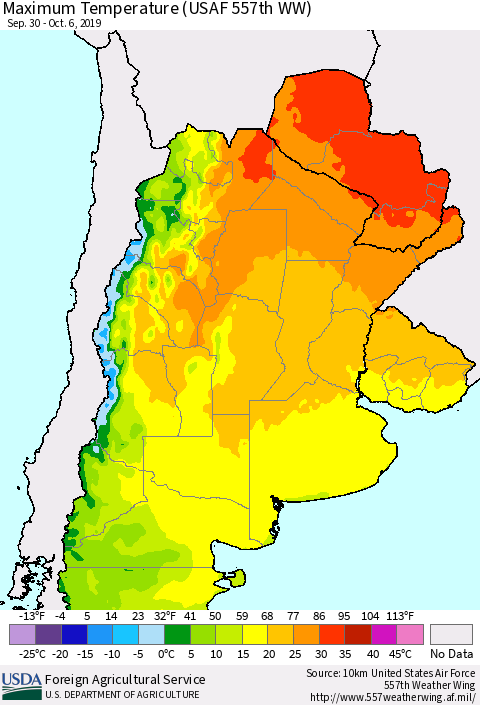 Southern South America Mean Maximum Temperature (USAF 557th WW) Thematic Map For 9/30/2019 - 10/6/2019