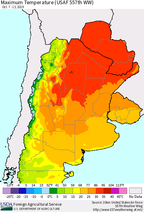 Southern South America Mean Maximum Temperature (USAF 557th WW) Thematic Map For 10/7/2019 - 10/13/2019