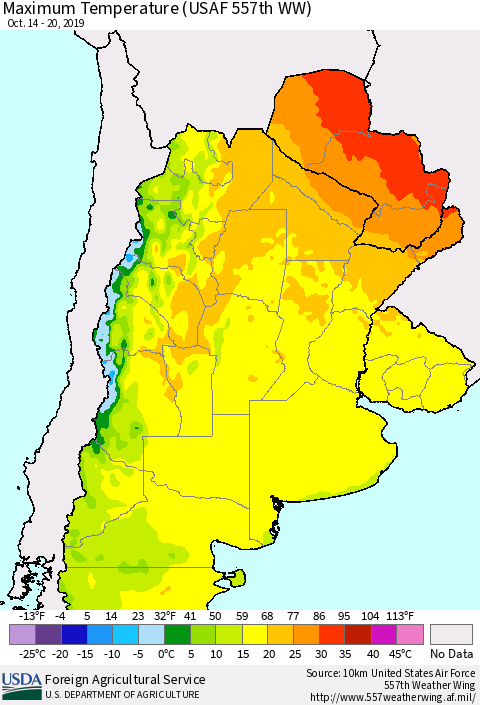 Southern South America Mean Maximum Temperature (USAF 557th WW) Thematic Map For 10/14/2019 - 10/20/2019