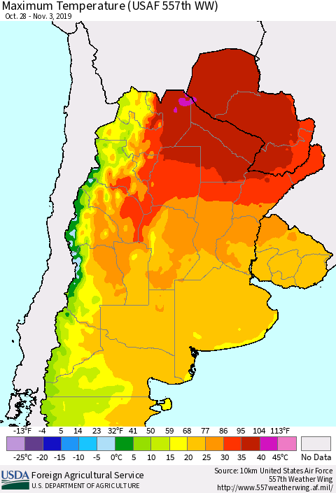Southern South America Mean Maximum Temperature (USAF 557th WW) Thematic Map For 10/28/2019 - 11/3/2019
