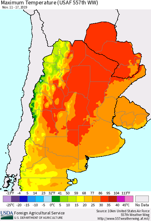 Southern South America Mean Maximum Temperature (USAF 557th WW) Thematic Map For 11/11/2019 - 11/17/2019