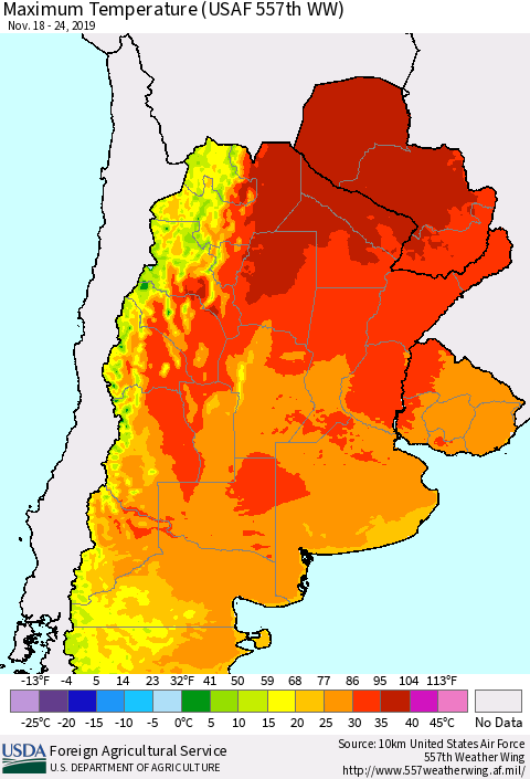 Southern South America Mean Maximum Temperature (USAF 557th WW) Thematic Map For 11/18/2019 - 11/24/2019
