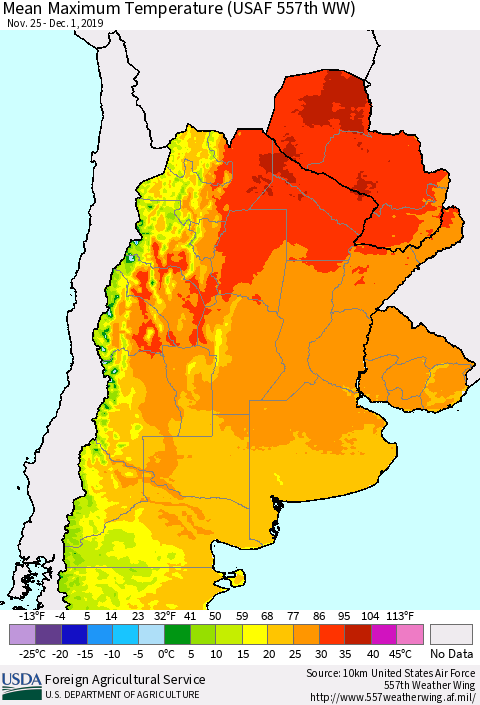 Southern South America Mean Maximum Temperature (USAF 557th WW) Thematic Map For 11/25/2019 - 12/1/2019