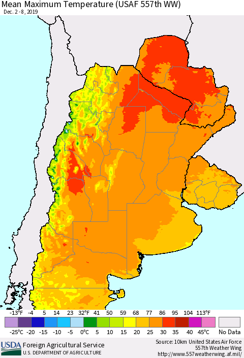 Southern South America Mean Maximum Temperature (USAF 557th WW) Thematic Map For 12/2/2019 - 12/8/2019