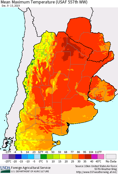 Southern South America Mean Maximum Temperature (USAF 557th WW) Thematic Map For 12/9/2019 - 12/15/2019