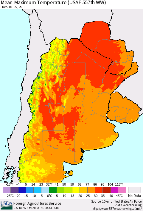 Southern South America Mean Maximum Temperature (USAF 557th WW) Thematic Map For 12/16/2019 - 12/22/2019