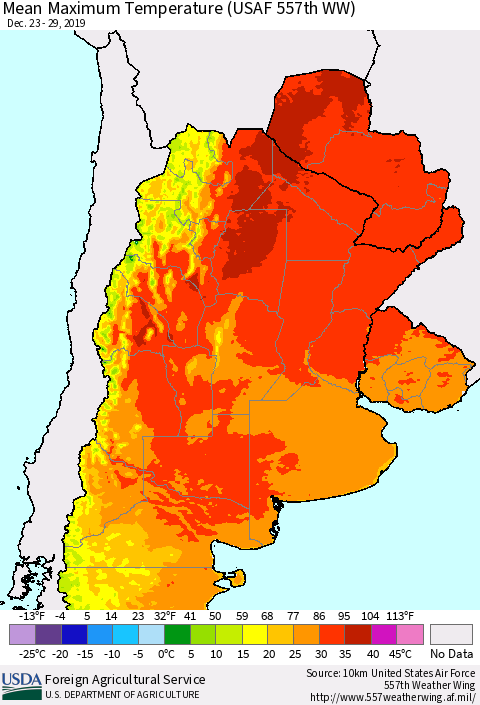 Southern South America Mean Maximum Temperature (USAF 557th WW) Thematic Map For 12/23/2019 - 12/29/2019