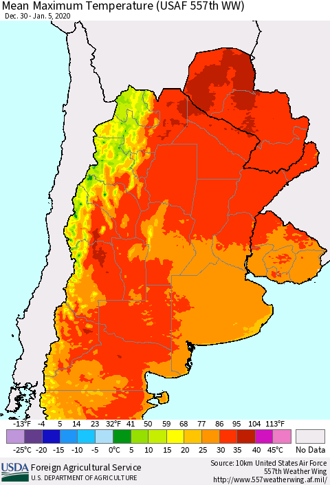 Southern South America Mean Maximum Temperature (USAF 557th WW) Thematic Map For 12/30/2019 - 1/5/2020