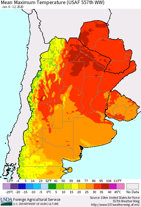 Southern South America Mean Maximum Temperature (USAF 557th WW) Thematic Map For 1/6/2020 - 1/12/2020