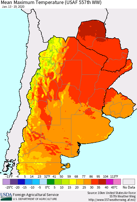 Southern South America Mean Maximum Temperature (USAF 557th WW) Thematic Map For 1/13/2020 - 1/19/2020