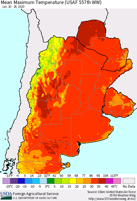 Southern South America Mean Maximum Temperature (USAF 557th WW) Thematic Map For 1/20/2020 - 1/26/2020