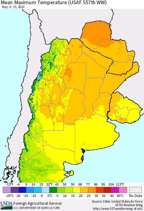 Southern South America Mean Maximum Temperature (USAF 557th WW) Thematic Map For 5/9/2022 - 5/15/2022