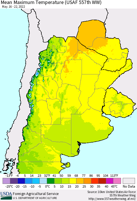 Southern South America Mean Maximum Temperature (USAF 557th WW) Thematic Map For 5/16/2022 - 5/22/2022