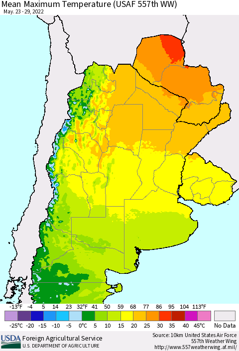 Southern South America Mean Maximum Temperature (USAF 557th WW) Thematic Map For 5/23/2022 - 5/29/2022