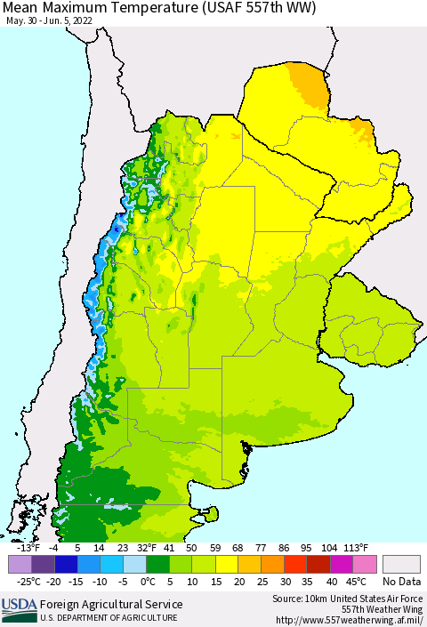 Southern South America Mean Maximum Temperature (USAF 557th WW) Thematic Map For 5/30/2022 - 6/5/2022