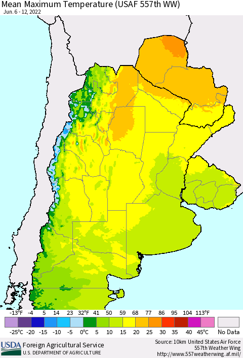 Southern South America Mean Maximum Temperature (USAF 557th WW) Thematic Map For 6/6/2022 - 6/12/2022