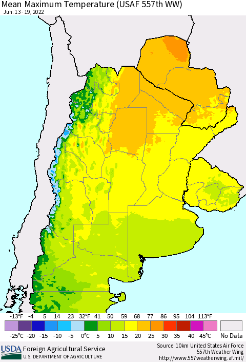 Southern South America Mean Maximum Temperature (USAF 557th WW) Thematic Map For 6/13/2022 - 6/19/2022