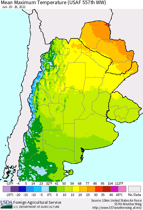 Southern South America Mean Maximum Temperature (USAF 557th WW) Thematic Map For 6/20/2022 - 6/26/2022
