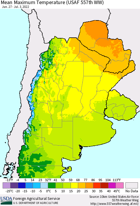Southern South America Mean Maximum Temperature (USAF 557th WW) Thematic Map For 6/27/2022 - 7/3/2022