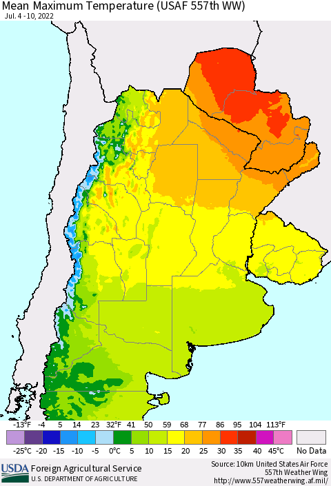 Southern South America Mean Maximum Temperature (USAF 557th WW) Thematic Map For 7/4/2022 - 7/10/2022