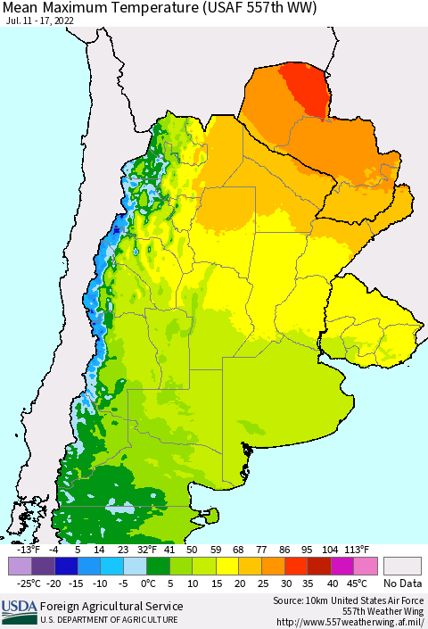 Southern South America Mean Maximum Temperature (USAF 557th WW) Thematic Map For 7/11/2022 - 7/17/2022