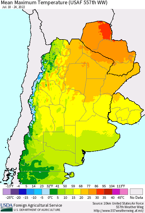 Southern South America Mean Maximum Temperature (USAF 557th WW) Thematic Map For 7/18/2022 - 7/24/2022