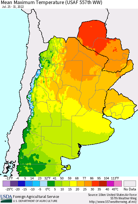 Southern South America Mean Maximum Temperature (USAF 557th WW) Thematic Map For 7/25/2022 - 7/31/2022
