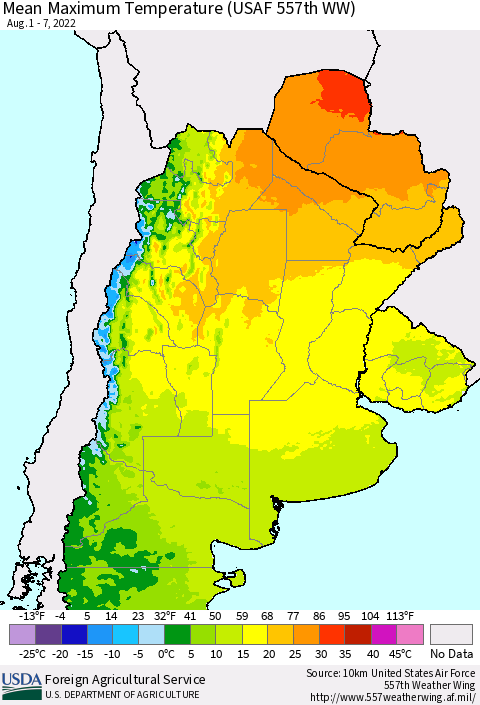 Southern South America Mean Maximum Temperature (USAF 557th WW) Thematic Map For 8/1/2022 - 8/7/2022