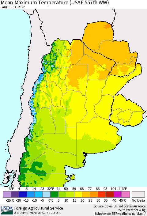 Southern South America Mean Maximum Temperature (USAF 557th WW) Thematic Map For 8/8/2022 - 8/14/2022