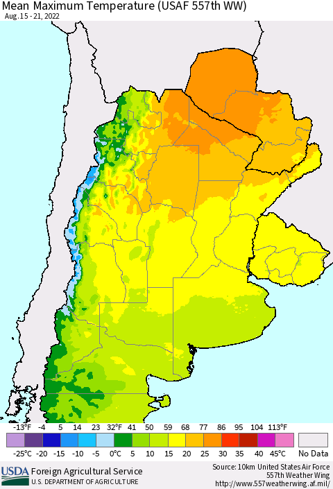 Southern South America Mean Maximum Temperature (USAF 557th WW) Thematic Map For 8/15/2022 - 8/21/2022