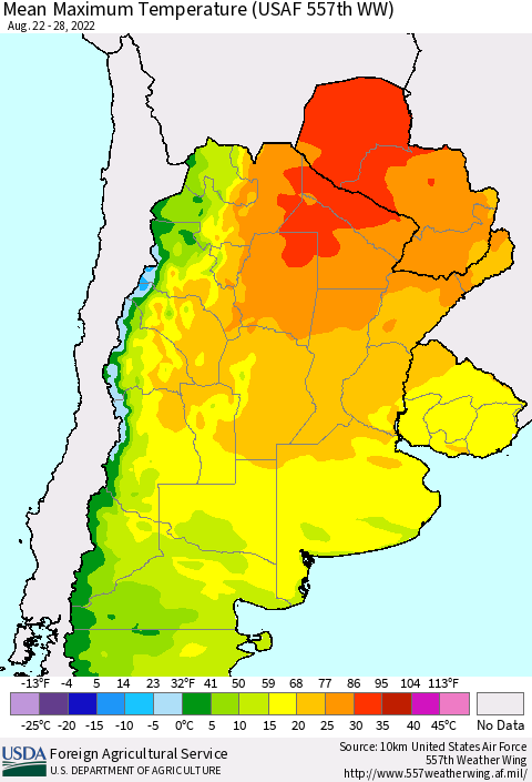Southern South America Mean Maximum Temperature (USAF 557th WW) Thematic Map For 8/22/2022 - 8/28/2022