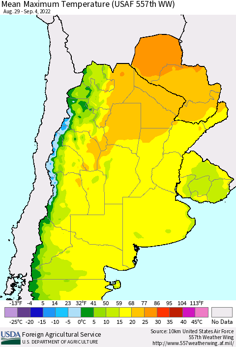 Southern South America Mean Maximum Temperature (USAF 557th WW) Thematic Map For 8/29/2022 - 9/4/2022