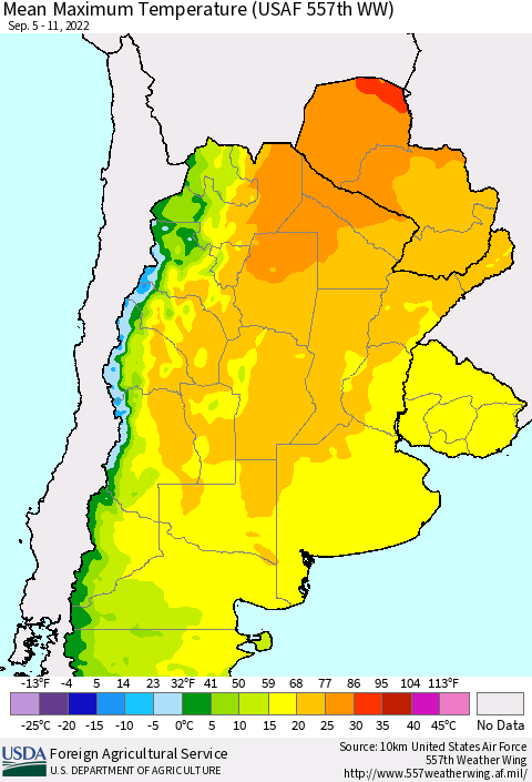 Southern South America Mean Maximum Temperature (USAF 557th WW) Thematic Map For 9/5/2022 - 9/11/2022