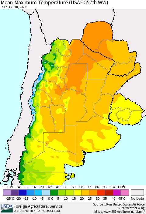 Southern South America Mean Maximum Temperature (USAF 557th WW) Thematic Map For 9/12/2022 - 9/18/2022