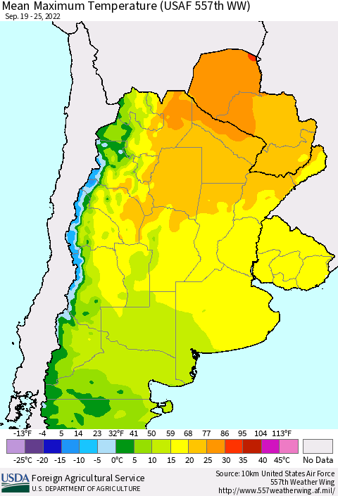 Southern South America Mean Maximum Temperature (USAF 557th WW) Thematic Map For 9/19/2022 - 9/25/2022