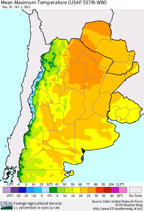 Southern South America Mean Maximum Temperature (USAF 557th WW) Thematic Map For 9/26/2022 - 10/2/2022