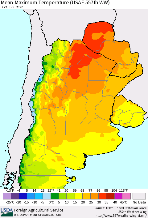 Southern South America Mean Maximum Temperature (USAF 557th WW) Thematic Map For 10/3/2022 - 10/9/2022