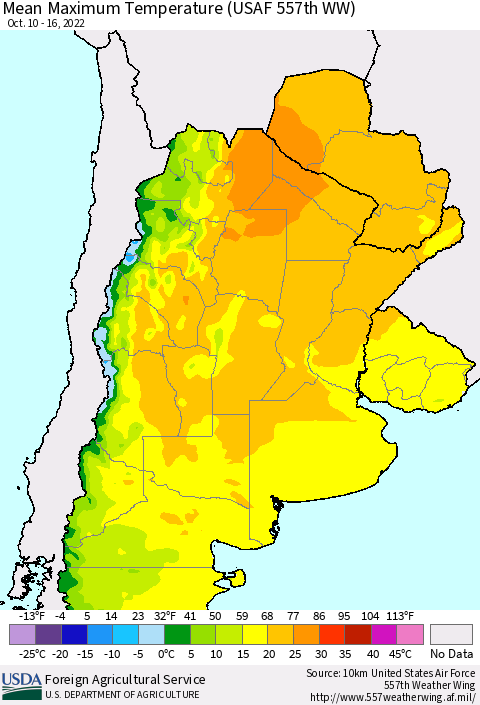 Southern South America Mean Maximum Temperature (USAF 557th WW) Thematic Map For 10/10/2022 - 10/16/2022