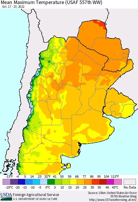Southern South America Mean Maximum Temperature (USAF 557th WW) Thematic Map For 10/17/2022 - 10/23/2022